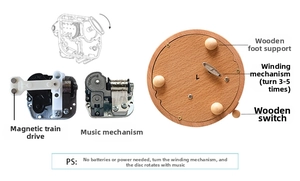 Close-up of mechanical wind-up music box movement and circular wooden base details