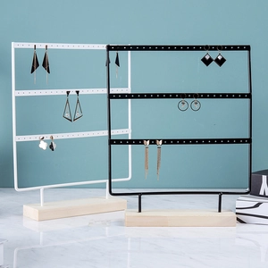 Three-tier metal earring display stand with pine wood base in black and white options