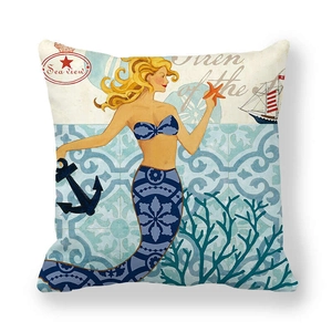 Detail of vintage mermaid ocean print on thick peach skin fabric square pillowcase