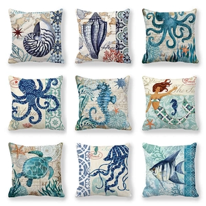 Ocean Theme Pillowcase Peach Skin Velvet Vintage Marine Life Octopus Sea Turtle Cushion Cover Square Decorative Throw