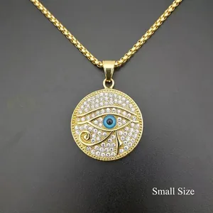 Hip hop gold plated titanium steel Eye of Horus pendant with blue stone, small size 46x32mm