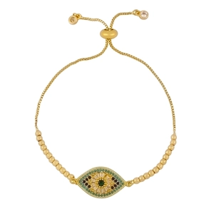 Gold evil eye adjustable box chain bracelet with green and white cubic zirconia