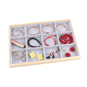 Wooden jewelry tray with grey velvet 12-slot organizer for rings and necklaces