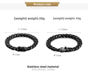 Detail view of 11mm black stainless steel Cuban bracelets with size and weight specs