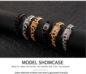 Detail view of various cuban link bracelets in black, gold and silver on display