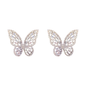 Silver butterfly earrings with zircon stones, minimalist jewelry for women on white background