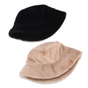Solid color plush bucket hats in black and beige with warm thick faux fur texture