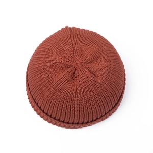 Unisex caramel knit beanie with a stylish rolled cuff and vertical ribbed texture on white