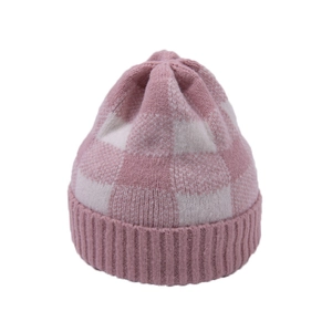 Pink and white checkered knit beanie with thick ribbed cuff for winter warmth