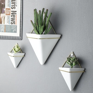 Nordic wall hanging planters with white ceramic pots and golden frames in 3-piece set