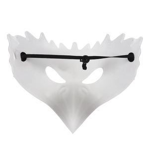 Rear view of white eagle mask with adjustable black elastic strap and buckle detail
