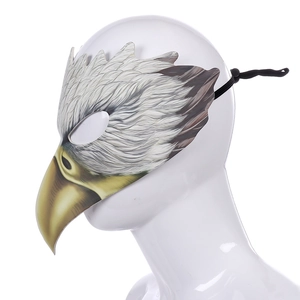 Detail of white eagle PU leather mask with adjustable black elastic strap on white mannequin