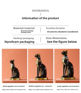 Size chart showing three resin Egyptian cat statues with precise height and width details