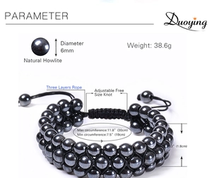 Detailed view of 6mm natural howlite stones on a triple-layer adjustable beaded bracelet