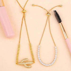 Elegant adjustable gold cactus and baguette zircon bracelets for women with slider clasp