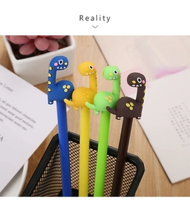 Detailed view of four colorful cartoon dinosaur gel pens in a black mesh holder
