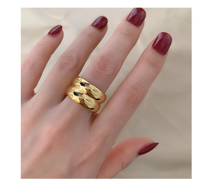 Macro detail of wide 18K gold plated stainless steel double layer ring on finger