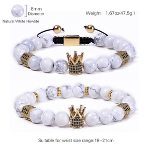 Natural white howlite 8mm beaded bracelet with gold crown and zircon hexagonal charms