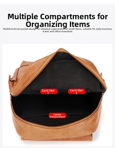 Macro detail of vintage brown PU leather backpack interior with laptop compartment