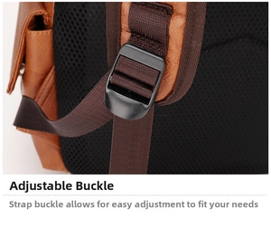 Detail of adjustable strap system and breathable mesh back on brown vintage leather backpack