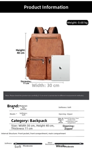 Detailed size chart showing dimensions 30x40x11cm for this vintage brown PU leather backpack