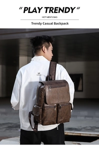 Street view of a dark brown vintage PU leather backpack for men worn by a model