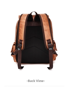 Back view of brown vintage PU leather backpack with breathable black mesh padding