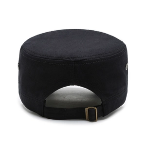 Men's black camouflage style military flat top hat with adjustable metal buckle and vent