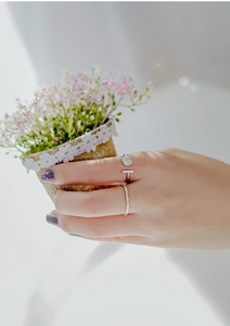 Detail of silver rings with micro-paved cubic zirconia crystals and T-shaped design