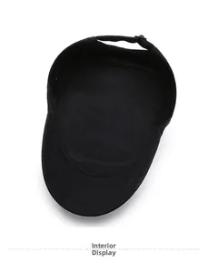 Inside view of black cotton canvas flat top military cap showing neat stitching and liner