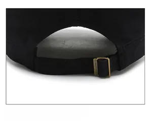 Close-up of adjustable metal buckle and twill fabric on back of black military cap