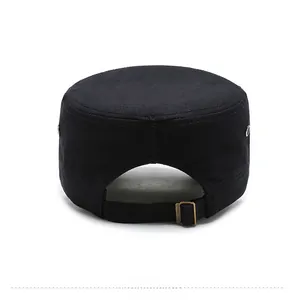 Rear view of black canvas military flat top cap with adjustable bronze metal buckle