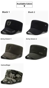 Detailed view of various camouflage and solid color patrol caps with embroidery and metal tags