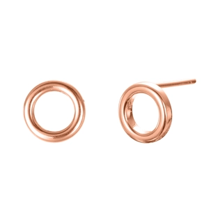Detail of rose gold minimalist hollow circular stud earrings in polished stainless steel