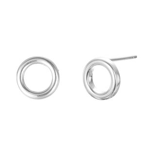 Detail view showing a pair of silver minimalist geometric round stud earrings in stainless steel