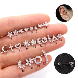 Stainless Steel Rhinestone Stud Earrings For Women Flower Heart Moon Star Helix Piercing Jewelry Screw Ball Back Accessories