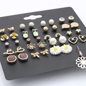 20-piece assorted minimalist stud earring set with pearl, floral, and star shapes