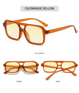 Detailed views of vintage orange yellow square sunglasses with transparent PC frames