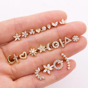 Golden stainless steel stud earring set with micro-pawned zircon in various shapes