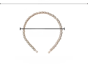 Detail shot of a handmade pearl headband featuring a 12.5cm diameter with crystal spacers