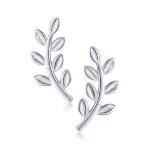 Elegant S925 sterling silver leaf stud earrings with olive branch design on white background