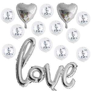 Silberne LOVE Folienballons Set mit Herzen und silbernen Konfetti-Ballons Dekor