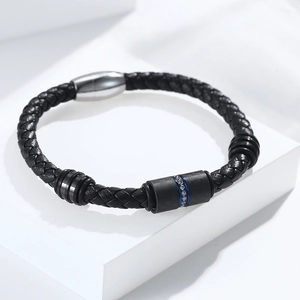 Men's black braided leather bracelet with carbon fiber beads and blue crystal inlay