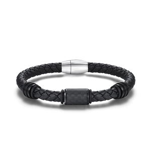 Men's black braided leather bracelet with silver magnetic clasp and carbon fiber inlay
