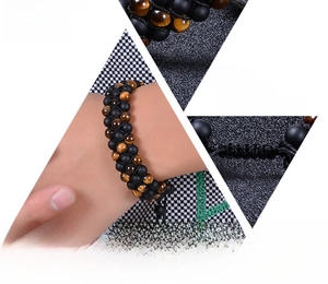 Detailed close-up of woven natural tiger eye stone beads with adjustable sliding knot cord