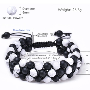 Three-layer 6mm natural howlite and matte bead braided bracelet with adjustable cord