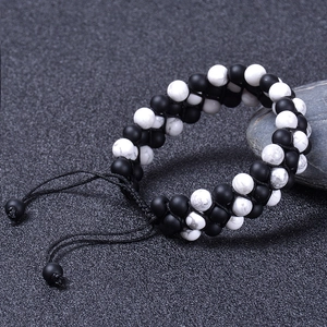 Adjustable 6mm white turquoise and matte stone 3-layer braided beaded bracelet for men and women