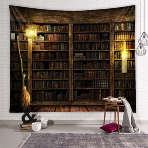 Vintage library bookshelf wall tapestry with magical aesthetic for home decor
