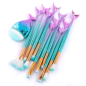 11pcs mermaid makeup brush set with gradient blue-purple scales and fish tail handles