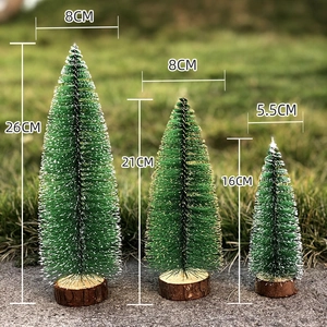 Three green mini Christmas trees with wood bases in 26cm, 21cm, and 16cm sizes